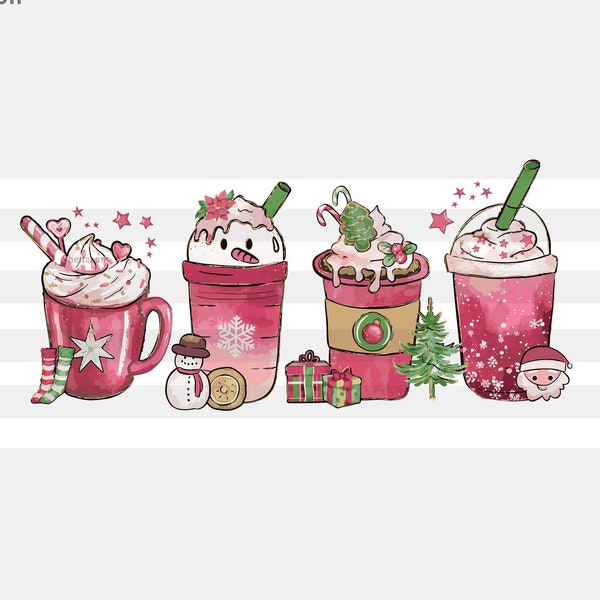 Christmas coffee PNG bundle, Pink coffee PNG, Snowmen Pink Peppermint Iced Latte PNG, Snow Cozy Winter Sublimation Printable file