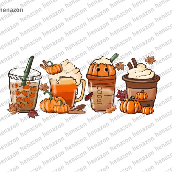Fall coffee PNG pumpkin spice latte iced warm cozy autumn orange digital file Sublimation design hand drawn Printable Graphic Clipart Tshirt