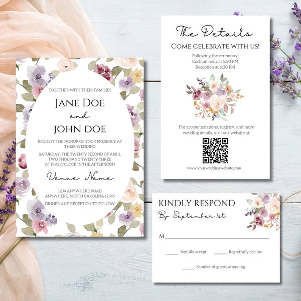 Wedding Invitation Suite Editable Canva Template | Spring, Floral, Lavender, Peach, Lilac, Orange, Minimalist