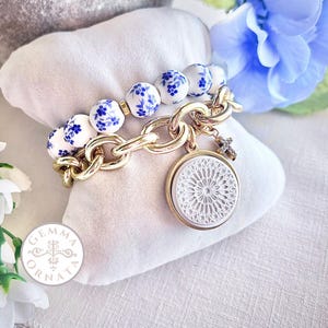 Florence Duomo Rose Window Charm Bracelet Set, Italian Vacation Jewelry, Blue and White Ceramic Floral Beads, Florence Bracelet Stack, Gemma