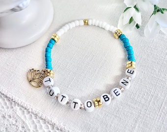 Italian Phrase “Tutto Bene” Peaceful Lotus Flower Charm Beaded Bracelet, Italian Pride Jewelry Gift, Italy Luck Charm, Italian Word Jewelry