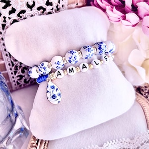 Amalfikusten blå & vit blommig kakel 2-delat charmarmbandset, Amalfikusten citronberlock, italienska smycken, italiensk sommar, Italienskt armband