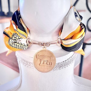 Silk Foulard with Gold Horsebit Buckle Scarf Ring & Handcrafted Clay Pendant of Capitoline Wolf Romulus and Remus Scarf Necklace Purse Scarf