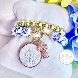 Florence Duomo Rose Window Charm Bracelet Set, Italian Vacation Jewelry, Blue and White Ceramic Floral Beads, Florence Bracelet Stack, Gemma
