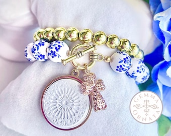 Florence Duomo Rose Window Charm Bracelet Set, Italian Vacation Jewelry, Blue and White Ceramic Floral Beads, Florence Bracelet Stack, Gemma