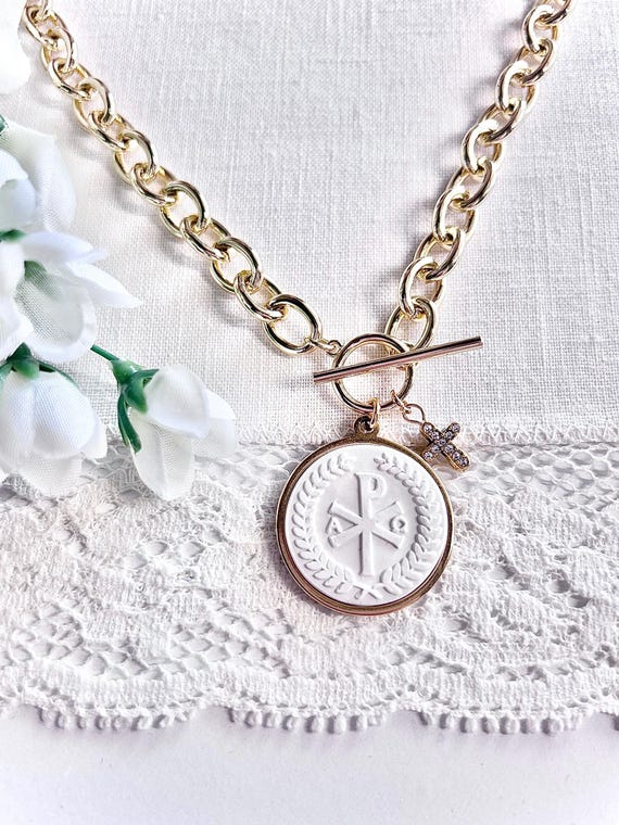 Early Christianity Chi Rho Symbol Gold Pendant Necklace & Cross
