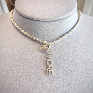 18k Gold Plated Amore Necklace, Italian Word Necklace with Rhinestone Heart Charm, Love Charm Necklace, Romantic Italian Gift for Women