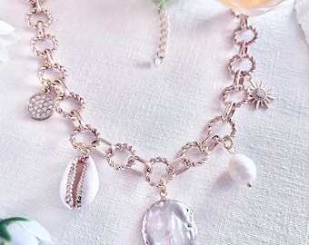 Amalfi Coast Resort Style Boho Mediterranean Shell & Natural Pearl Gold Charm Necklace, Mother of Pearl Pendant, Italian Beach Vacation Gift