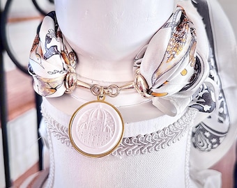 Silk Foulard with Gold Horsebit Buckle Scarf Ring & Handcrafted Clay Pendant of Florence Duomo Cathedral Italy Scarf Necklace Purse Scarf