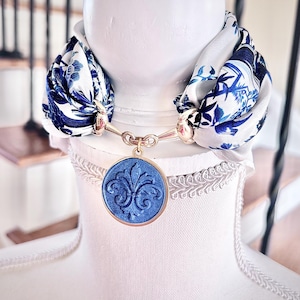 Silk Foulard with Gold Horsebit Buckle Scarf Ring & Handcrafted Clay Pendant of Fleur de Lis Scarf Necklace Purse Scarf Real Silk Scarf Gift