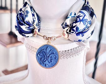 Silk Foulard with Gold Horsebit Buckle Scarf Ring & Handcrafted Clay Pendant of Fleur de Lis Scarf Necklace Purse Scarf Real Silk Scarf Gift