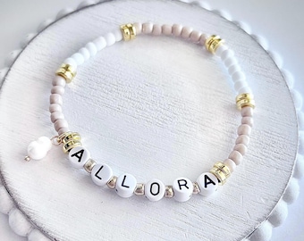 Italian Phrase “Allora” Natural Freshwater Pearl Charm Beaded Bracelet, Italian Pride Jewelry Gift, Italy Luck Charm, Italian Word Jewelry