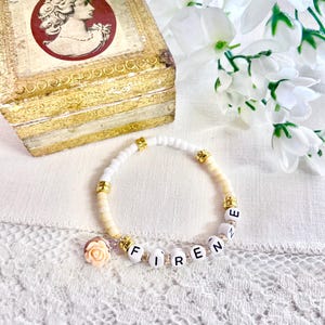 Italian “Firenze” Florence Minimalist Charm Beaded Bracelet, Italian Pride Jewelry Gift, Rose Charm, Italian Word Jewelry, Italian Summer