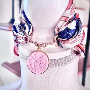 Silk Foulard with Gold Horsebit Buckle Scarf Ring & Handcrafted Clay Pendant of Lily of Florence Italy Florin Scarf Necklace Purse Scarf