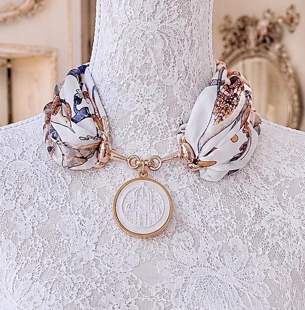 Silk Foulard With Gold Horsebit Buckle Scarf Ring & Handcrafted