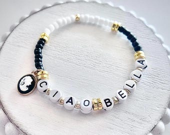 Italian Phrase “Ciao Bella” Chic Vintage Cameo Charm Beaded Bracelet, Italian Pride Jewelry Gift, Italy Luck Charm, Italian Word Jewelry