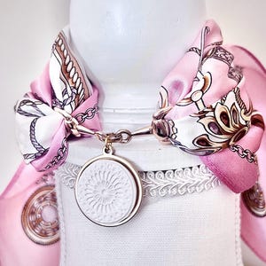 Silk Foulard with Gold Horsebit Buckle Scarf Ring & Handcrafted Clay Pendant of Florence Duomo Rose Window Italy Scarf Necklace Purse Scarf