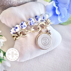 Florence Duomo Rose Window Charm Bracelet Set, Italian Vacation Jewelry, Blue and White Ceramic Floral Beads, Florence Bracelet Stack, Gemma