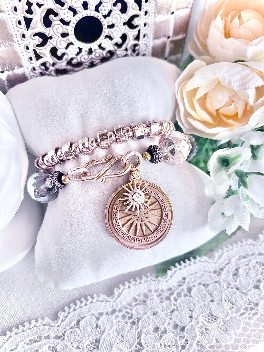 Vergina Sun of Macedonia Beaded Pendant Bracelet Stack, Alexander