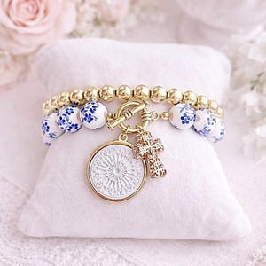 Florence Duomo Rose Window Bracelet Set: Italian Ceramic Bead Jewelry, Gold Cross Charm