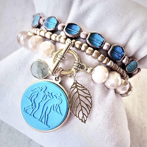 Roman Cupids Eros Pompeii Blue Room Roman Sculpture Charm Bracelet Stack, Ancient Rome Jewelry, Classical Italian Art Historical Jewelry