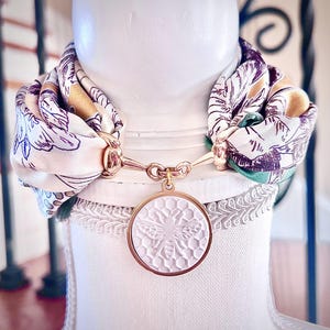 Silk Foulard with Gold Horsebit Buckle Scarf Ring & Handcrafted Clay Pendant of Bee Honeycomb Honeybee Charm Scarf Necklace Purse Scarf