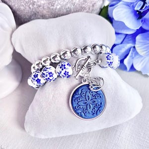 Blue Amalfi Coast Charm Bracelet Stack, Majolica Tile, Capri Island Jewelry, Italian Vacation Souvenir, Sicilian Pendant, La Dolce Vita Gift