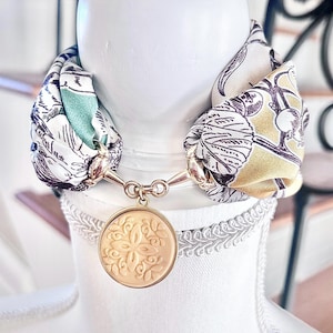 Silk Foulard with Gold Horsebit Buckle Scarf Ring & Handcrafted Clay Pendant of Amalfi Coast Majolica Tile Floral Scarf Necklace Purse Scarf