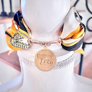 Silk Foulard with Gold Horsebit Buckle Scarf Ring & Handcrafted Clay Pendant of Capitoline Wolf Romulus and Remus Scarf Necklace Purse Scarf