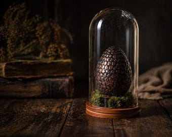 Exhibidor de huevo de dragón de brasas hecho a mano, campana de cristal, base de musgo, arte fantástico