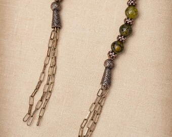 Green Dragon Vein Agate Altar Charm, Aged Copper Beaded Ritual Tool, Pagan Prayer Beads