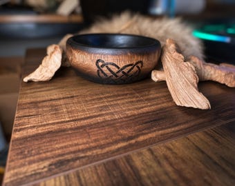 Hand-Burned Wooden Offering Bowl, 6 Inch Norse Ritual Altar Bowl