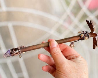 Varita de purpurita de cobre hecha a mano, herramienta para altar de mariposa, artículo para ritual del tercer ojo.