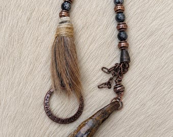 Crinoid Fossil Altar Charm with Water Buffalo Tooth, Deer Hide and Copper Rune Ring