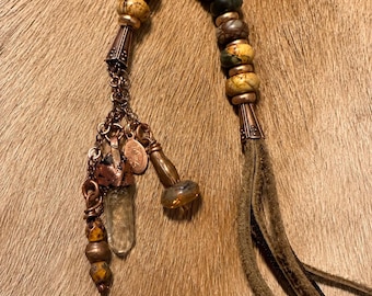 Handmade Altar Charm with Natural Stone, Smoky Citrine, Leather and Copper