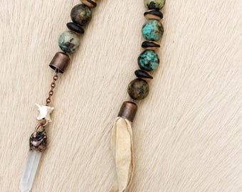 Green Stone Altar Charm with Quartz Crystal | Handmade Pagan Ritual Decor | One of a Kind