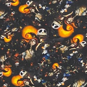 May include: A fabric pattern featuring a repeating print of Jack Skellington and Sally from The Nightmare Before Christmas. The design includes orange moon-like shapes, small yellow stars, and dark blue accents set against a black background.