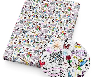Disney Parks Mickey Minnie Sketch Fabric, Castle Icons Cotton Fat Quarter Fat Eighth Tumbler Cut, Disneyland Quilting Sewing Fabric