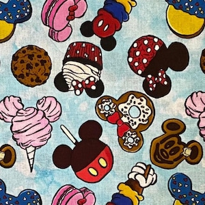 Disney Theme Park Treats Fabric 100% Cotton Fabric by the Yard Mickey Park Snacks Candy Cupcakes