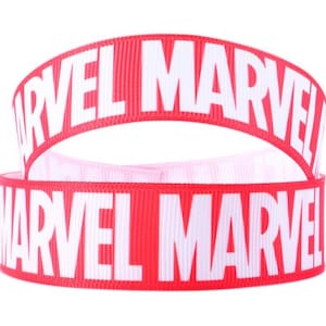May include: Two red and white grosgrain ribbons with the word "MARVEL" printed in white on a red background.