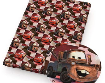 Cars Cotton Fabric by the Yard, Lightning McQueen Mater Checkerboard Print, Disney Character Quilting Fabric
