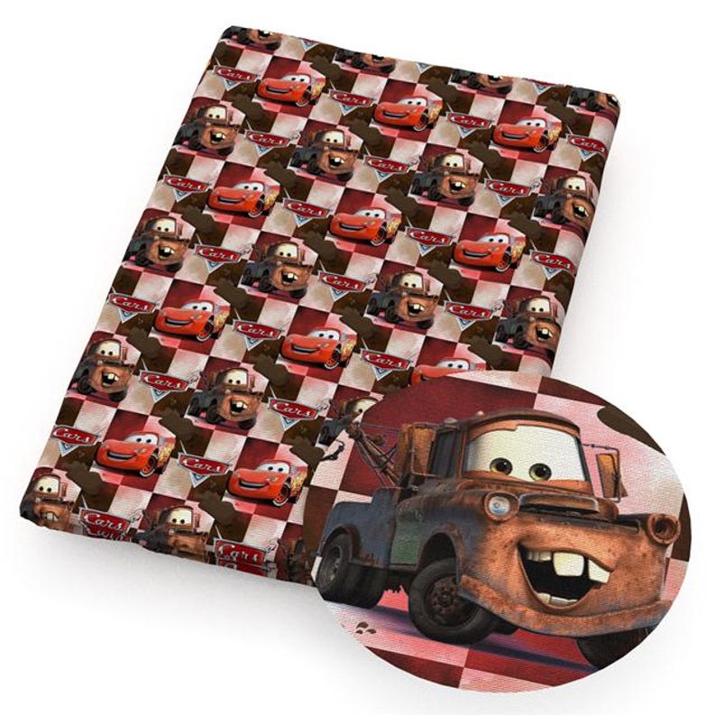 Cars Cotton Fabric by the Yard, Lightning McQueen Mater Checkerboard Print, Disney Character Quilting Fabric image 1