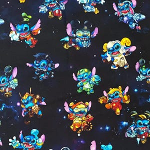 May include: A fabric with a repeating pattern of Stitch characters in various costumes against a dark blue space background. The Stitch characters are in shades of blue, red, yellow, and green.