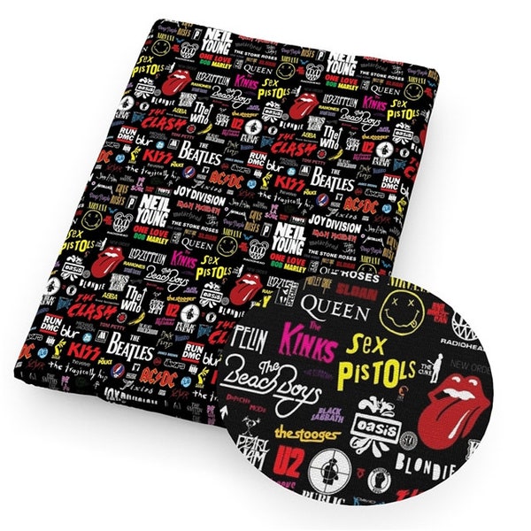 Classic Rock Bands Fabric | 100% Cotton Fabric | Tumbler and Fat Quarter ACDC The Beatles Queen Led Zeppelin and More!