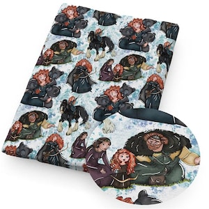 May include: A fabric with a repeating pattern featuring characters from the animated film "Brave." The design includes illustrations of Merida, bears, and other characters on a light blue and white background.