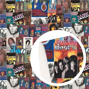 May include: A collage of vintage posters and album covers featuring The Doors. The design includes images of Jim Morrison, album art, and the band's logo. The color palette is dominated by shades of blue, orange, and brown.