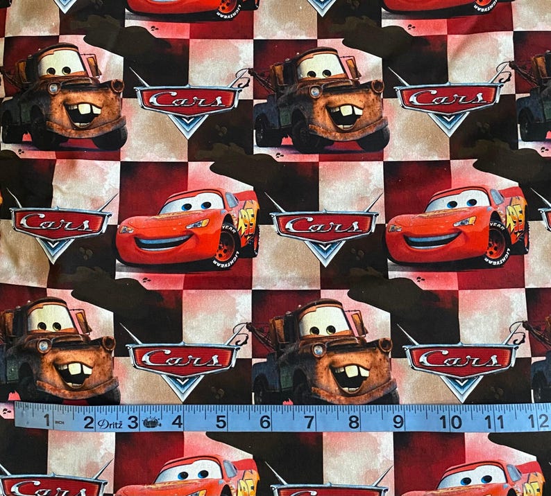 Cars Cotton Fabric by the Yard, Lightning McQueen Mater Checkerboard Print, Disney Character Quilting Fabric image 3