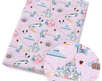 Tela de algodón con iconos de los parques Disney cortada a medida Castle Monorail Space Mountain