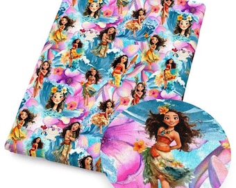 Moana Inspired Princess Cotton Fabric by the Yard, Island Princess Ocean Floral 100% Cotton Quilting Sewing Fabric Continuous Cut