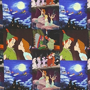 May include: A colorful patchwork fabric featuring scenes from the classic Disney movie Peter Pan. The fabric includes images of Peter Pan, Tinkerbell, Captain Hook, and the Lost Boys. The fabric is perfect for crafting projects, such as quilts, pillows, and tote bags.